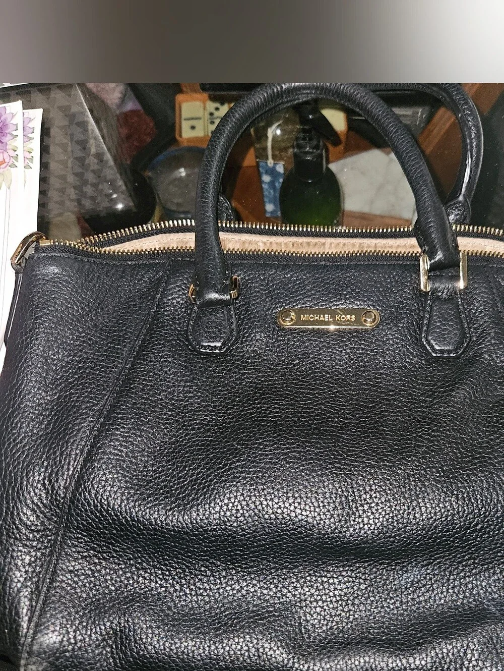 Michael Kors Black Leather Satchel with Gold Hardware